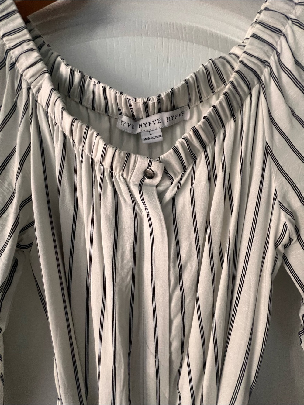 HYFVE Cream Off-Shoulder Blouse with Black Vertical Stripes